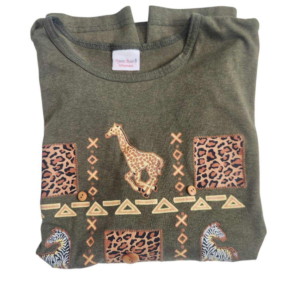 Bobbie Brooks Earth Toned Patchwork Print Safai Tee-Giraffe/Zebra/Leopard 2X